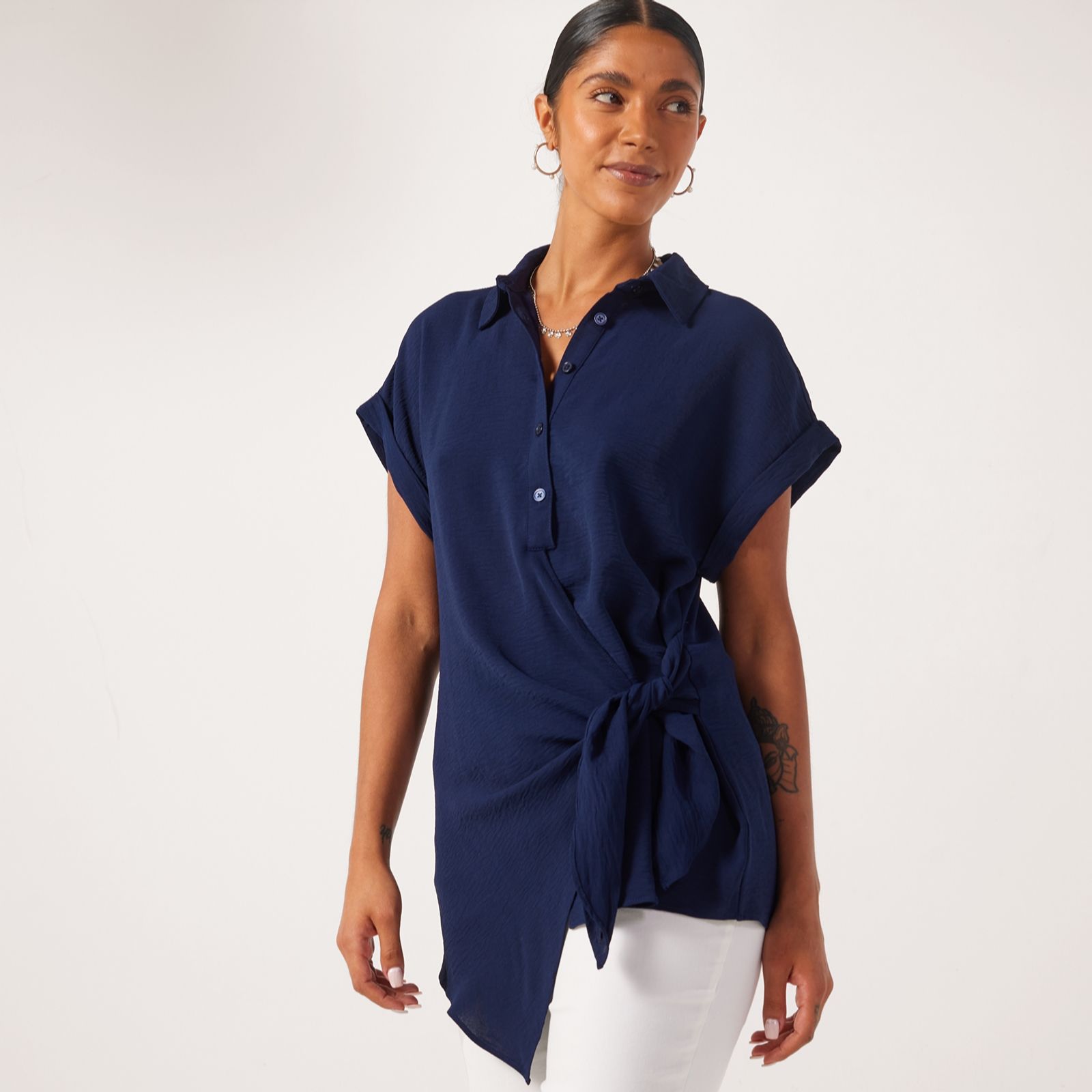 Nina Leonard Short Sleeve Collared Shirt with Side Tie In Textured Wave