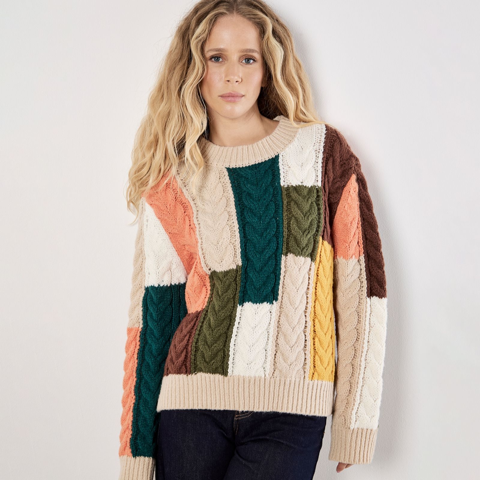 Apricot Cable Colour Block Chunky Jumper