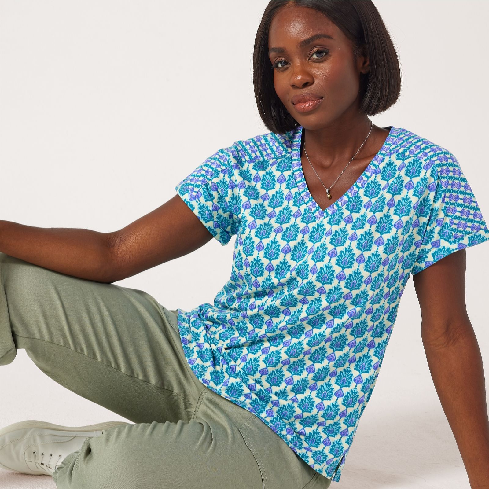 Denim & Co. Multiprint V Neck T-Shirt