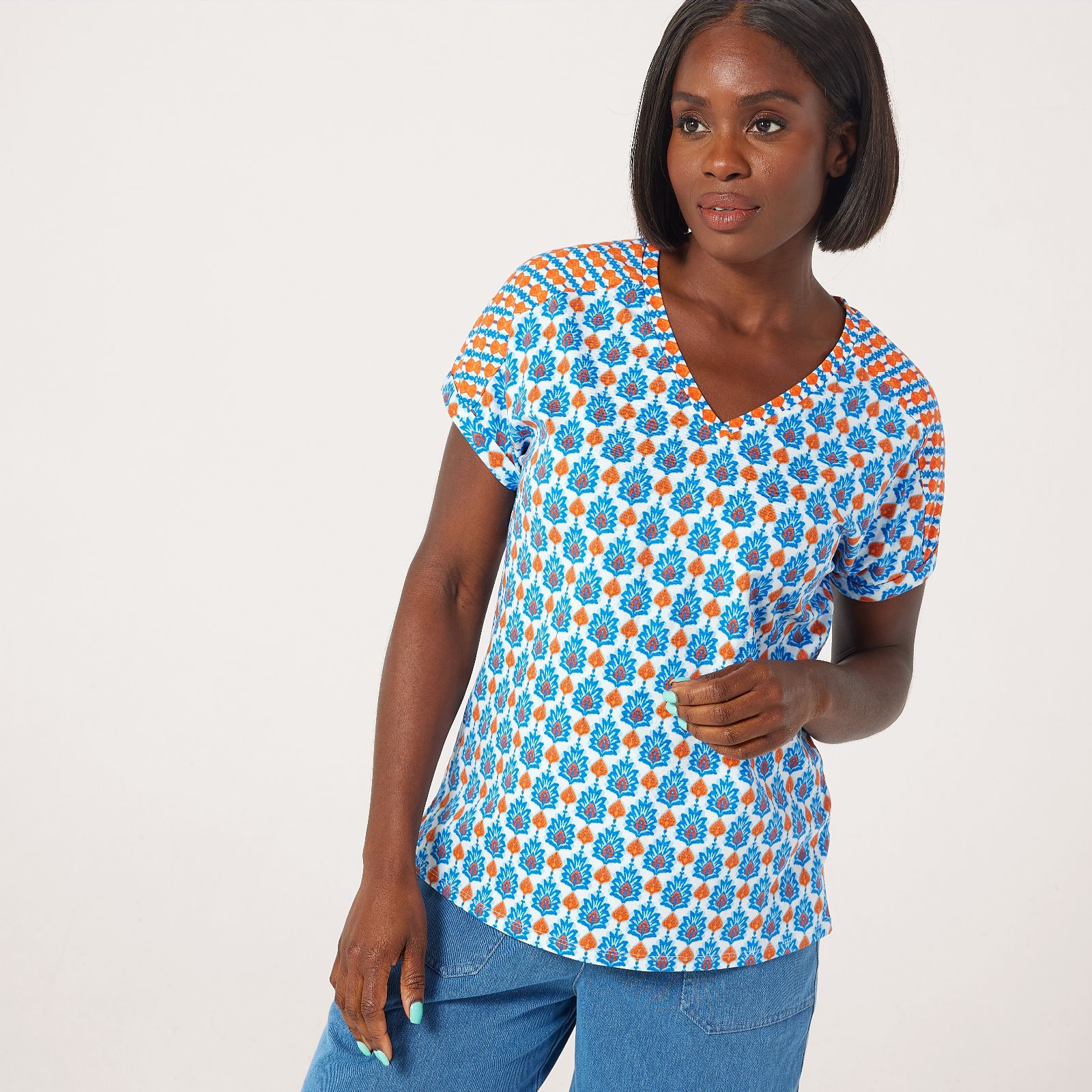 Denim & Co. Multiprint V Neck T-Shirt