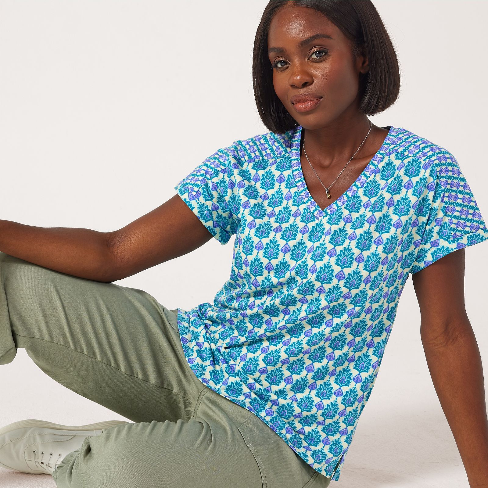 Denim & Co. Multiprint V Neck T-Shirt