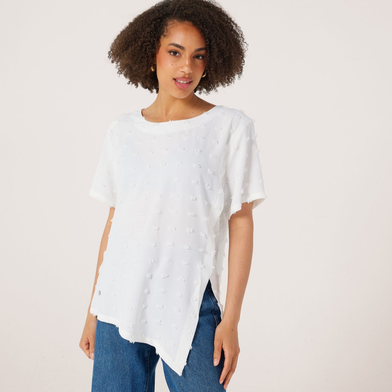 Malissa J Woven Bobble Top Asymetric Hem Shoulder Pads