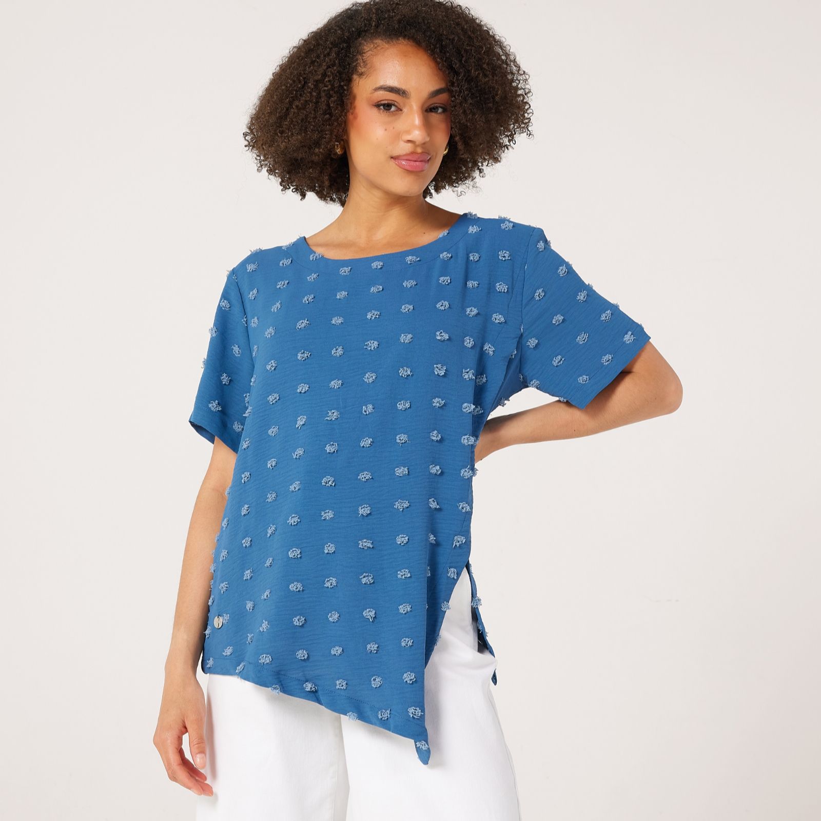 Malissa J Woven Bobble Top with Asymetric Hem