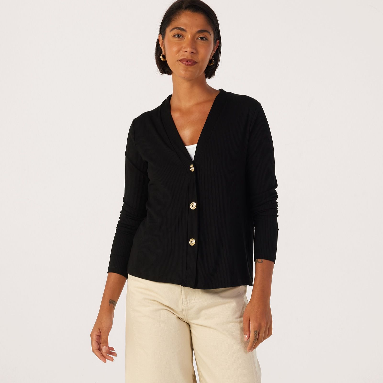 Kim & Co Viscose Rib Jersey Button Front Long Sleeve Cardigan