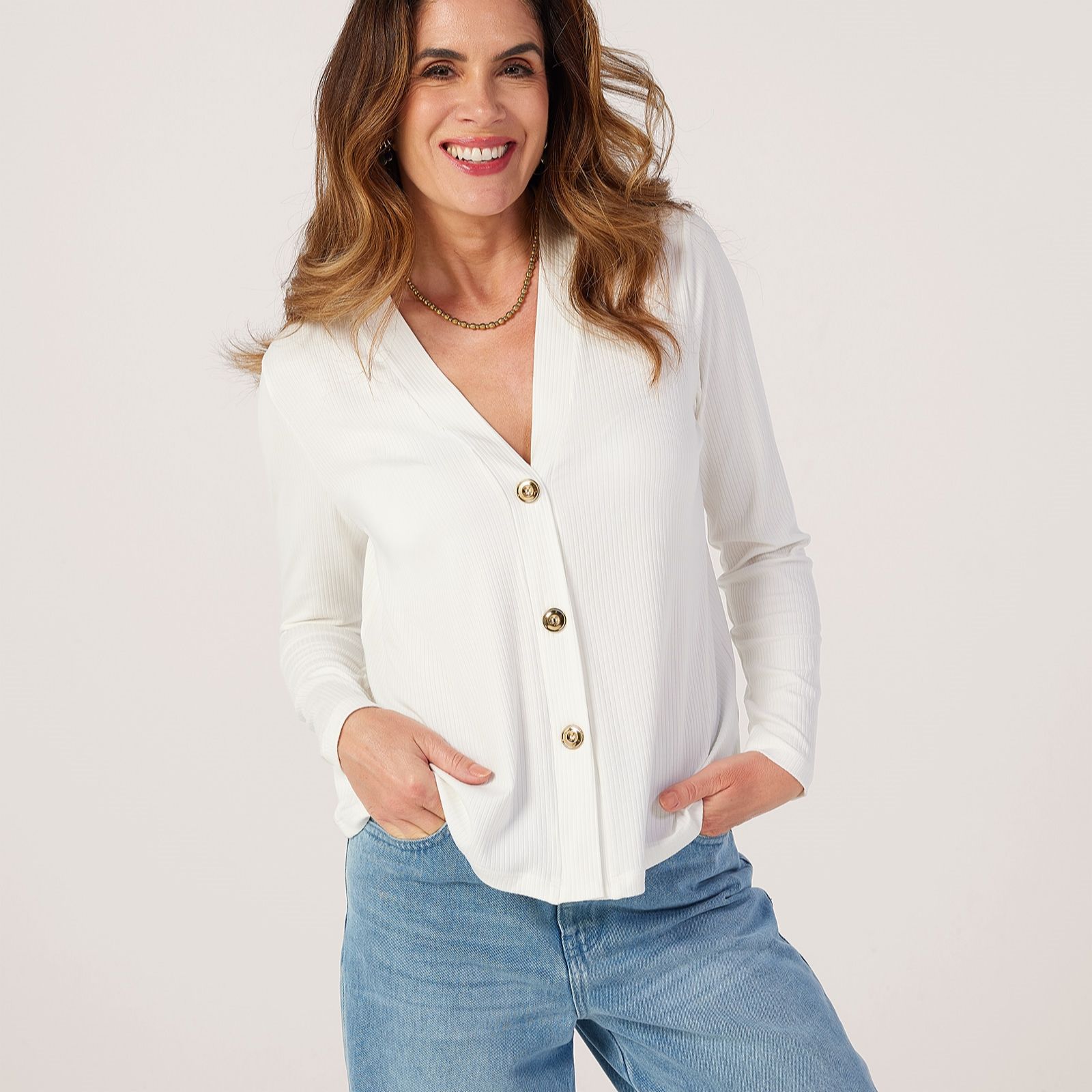 Kim & Co Viscose Rib Jersey Button Front Long Sleeve Cardigan