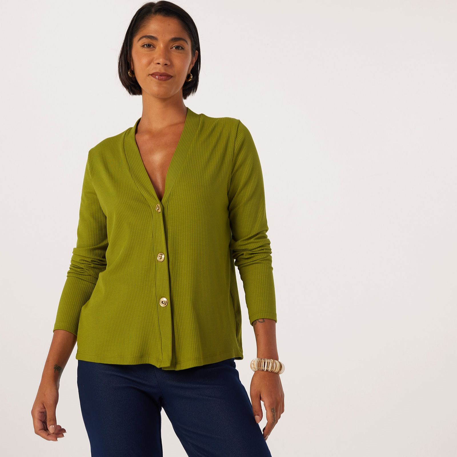 Kim & Co Viscose Rib Jersey Button Front Long Sleeve Cardigan
