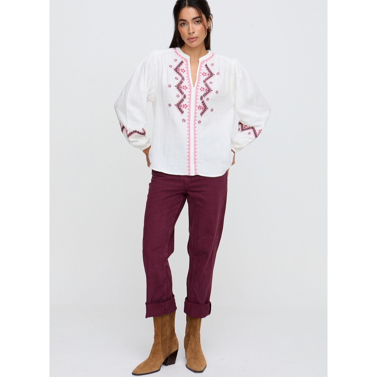  Raffya Dina Long Sleeve Embroidered Blouse