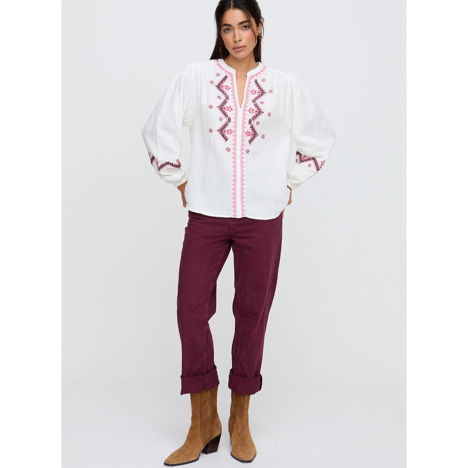 Raffya Dina Long Sleeve Embroidered Blouse