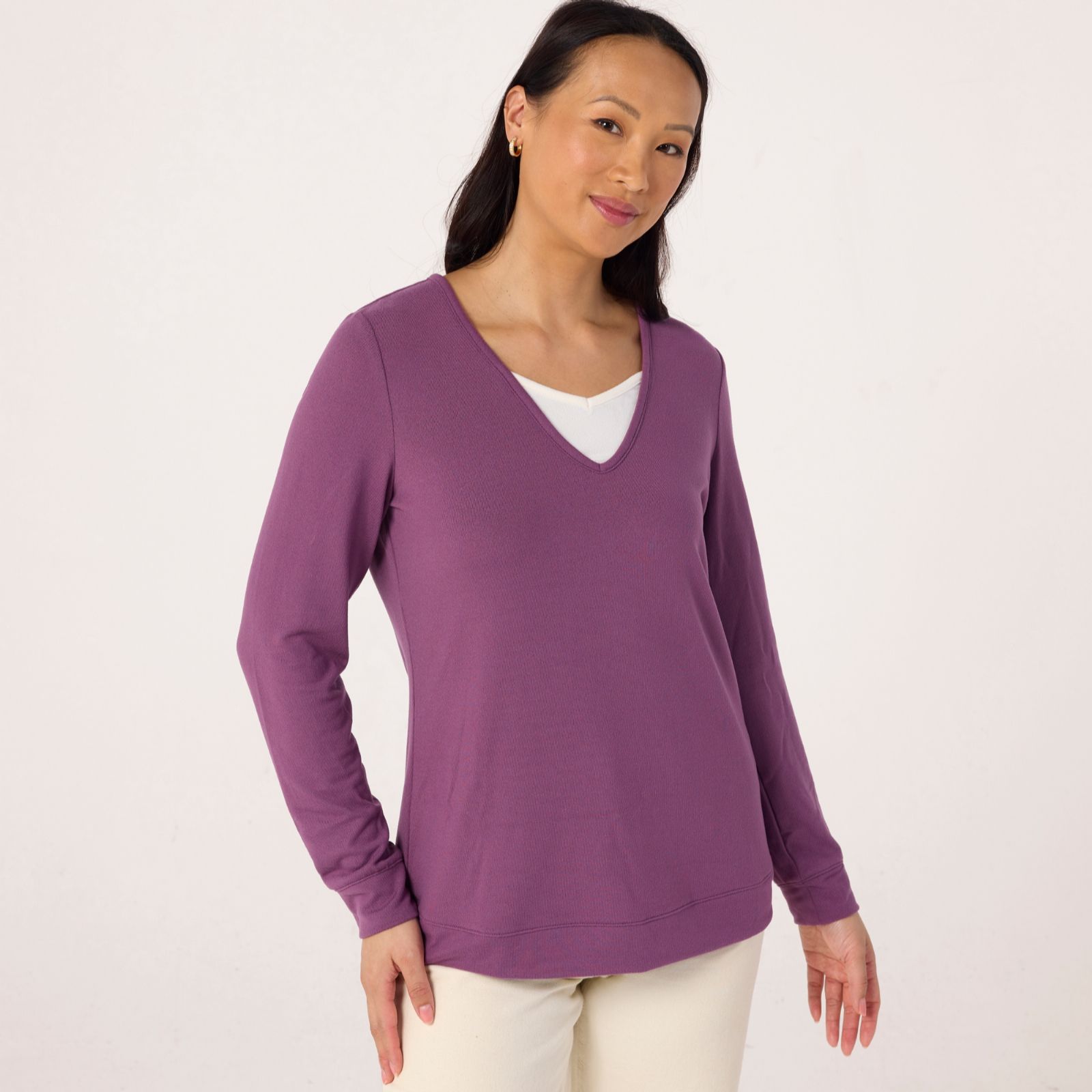 Denim & Co Essentials Heavenly Jersey Double V Neck Top