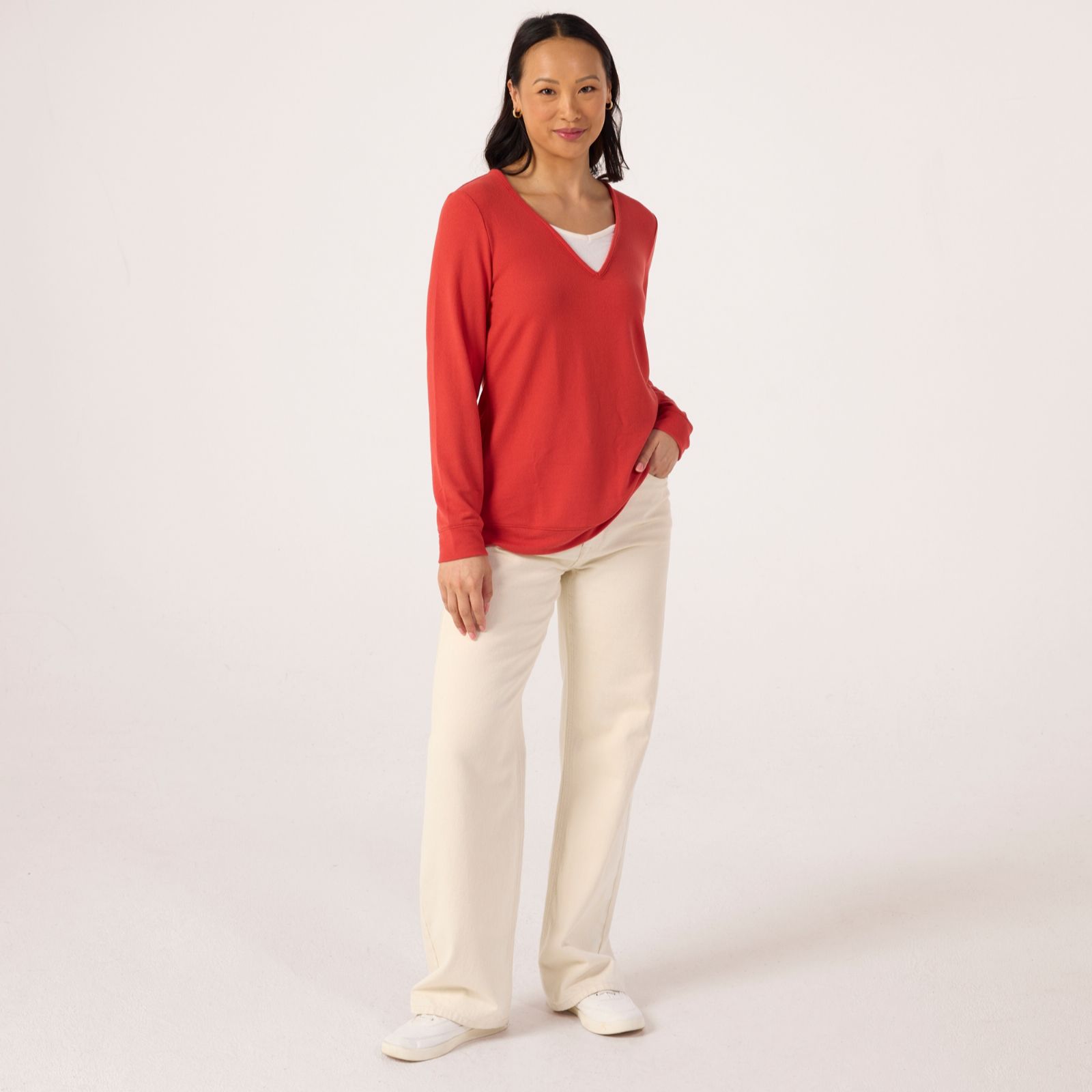 Denim & Co Essentials Heavenly Jersey Double V Neck Top