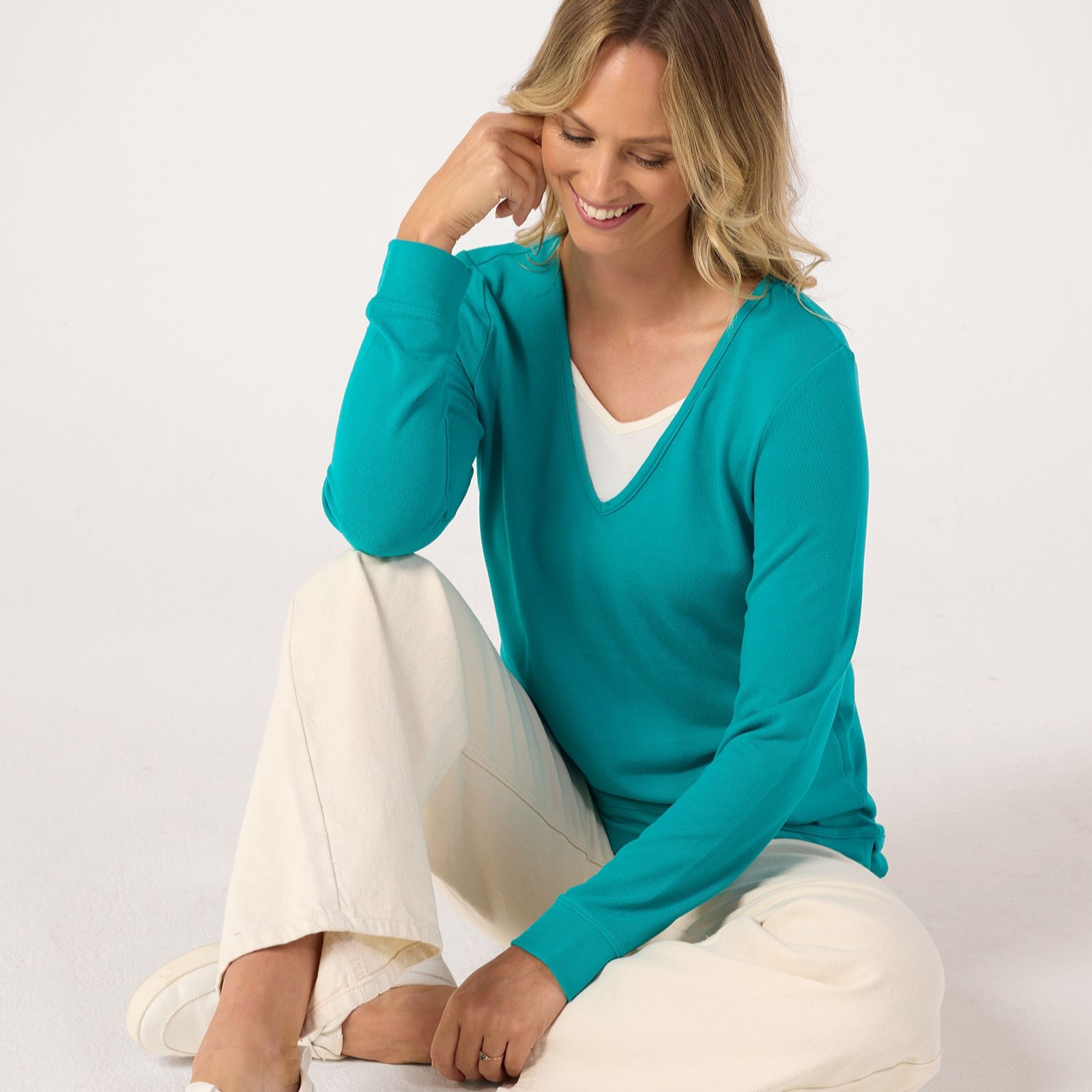 Denim & Co Essentials Heavenly Jersey Double V Neck Top