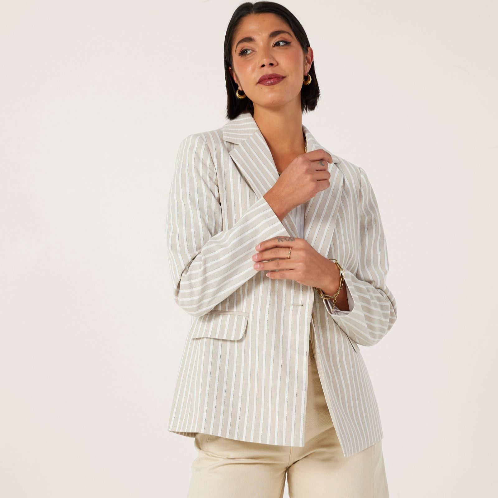 Helene Berman Linen Cotton Blend Metallic Stripe Relazed Blazer