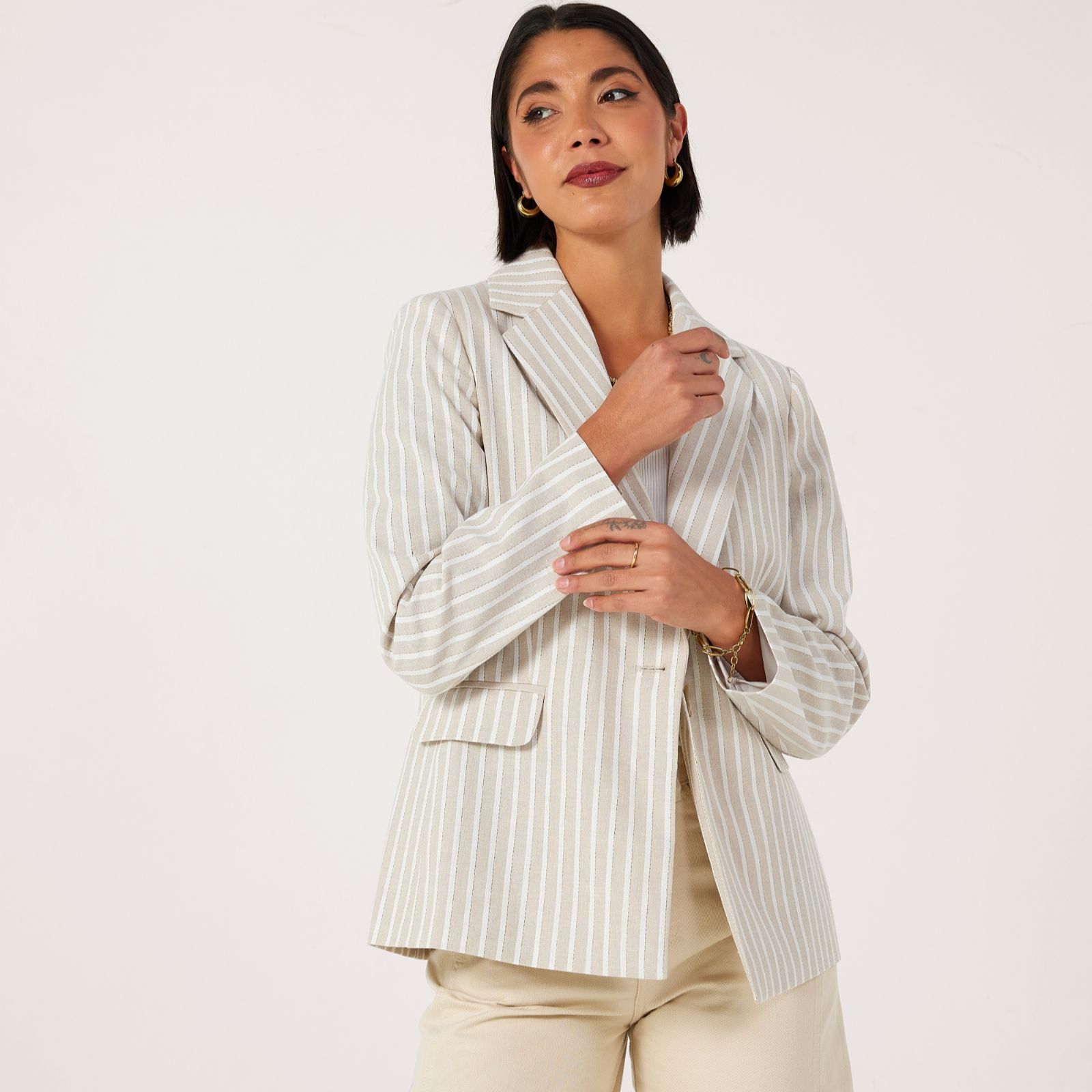 Helene Berman Linen Cotton Blend Metallic Stripe Relazed Blazer
