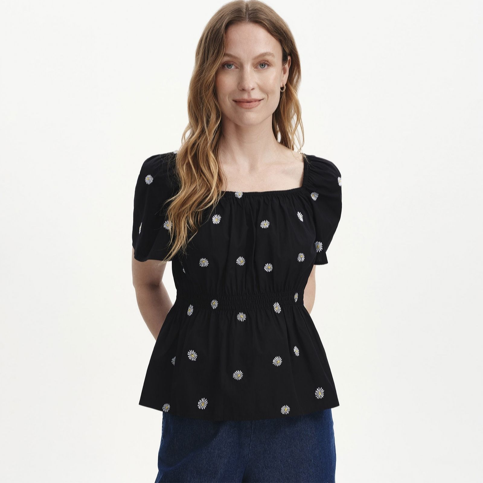 Finery London Holly Cotton Floral Embroidered Puff Sleeve Top