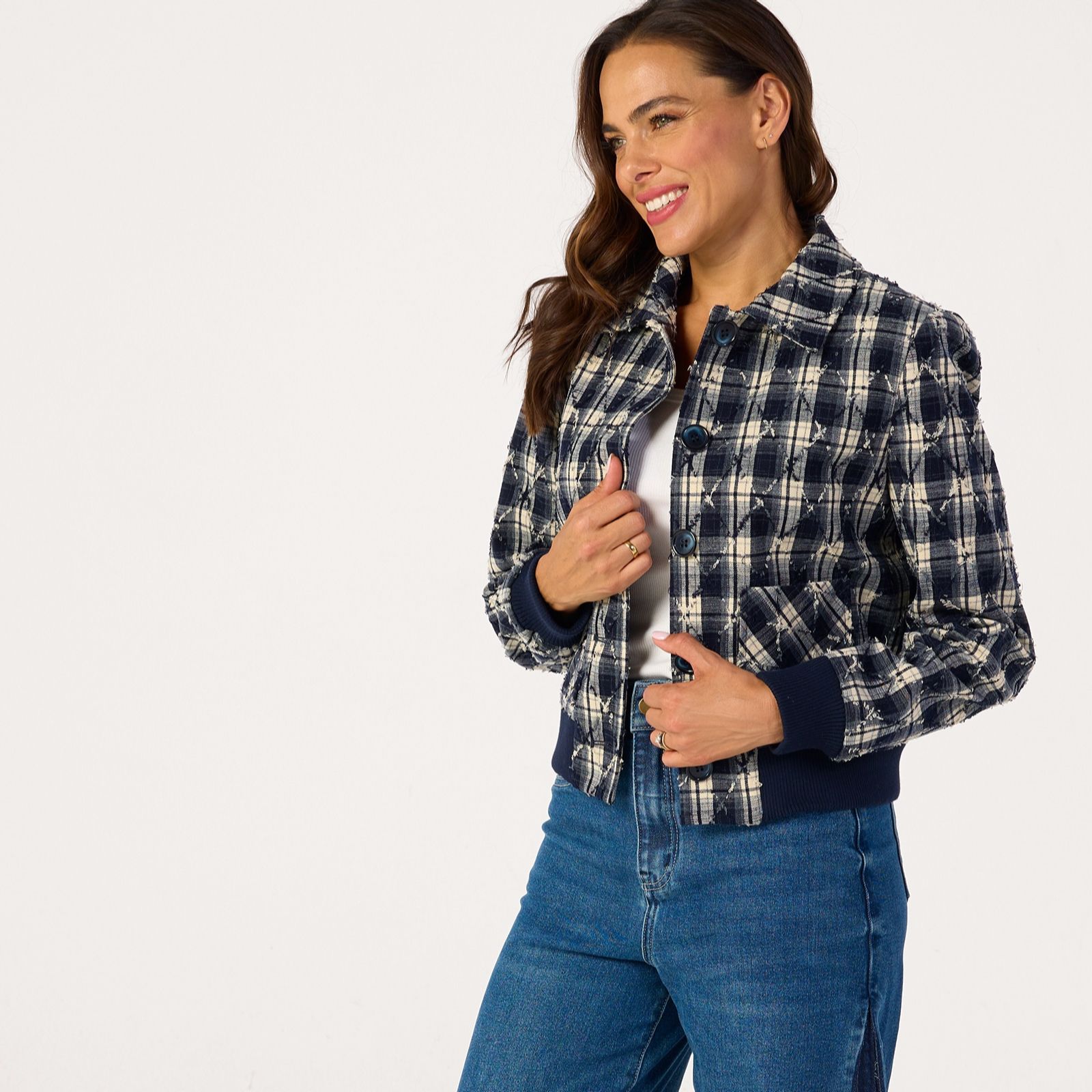 Helene Berman Check Navy & Ivory Bomber Style Jacket