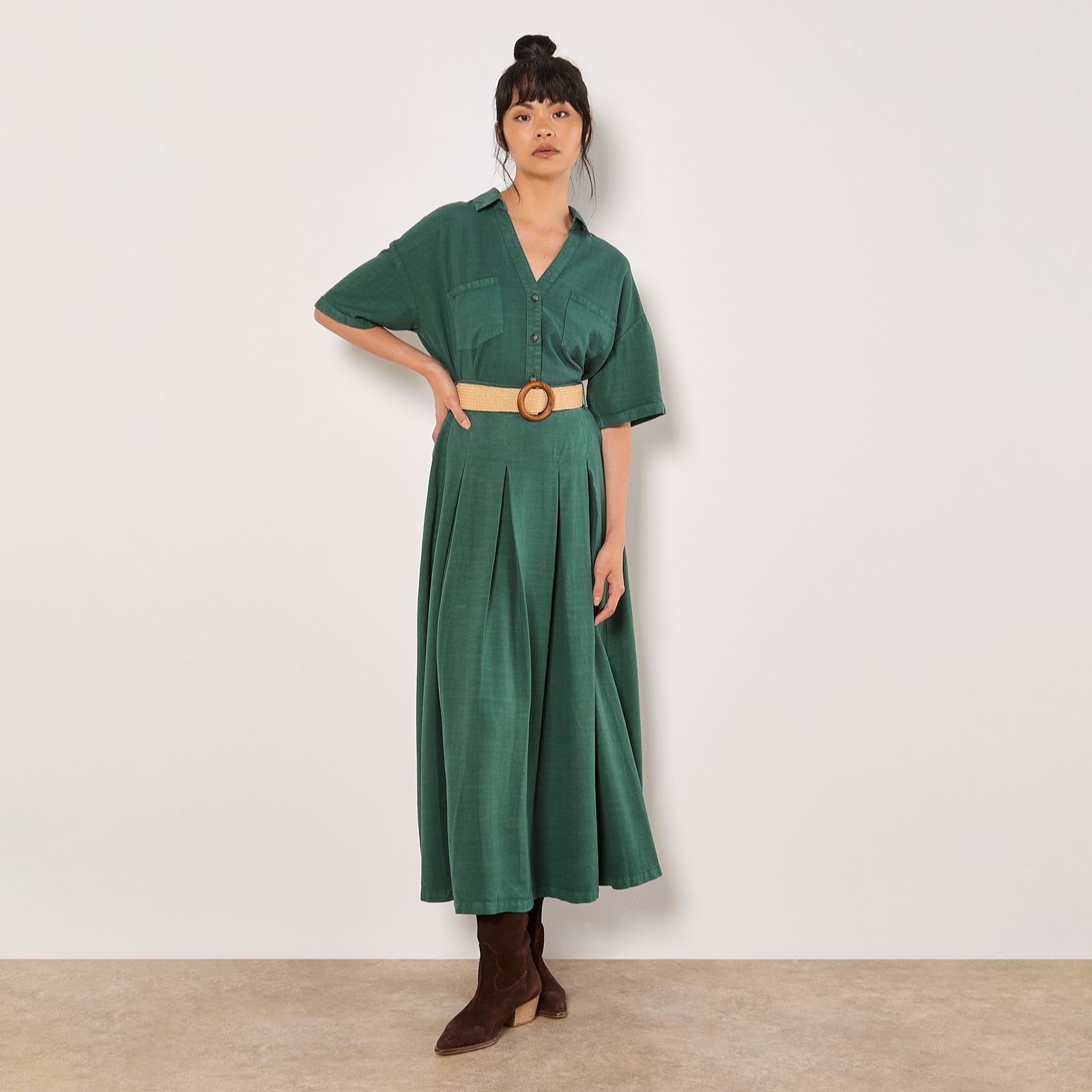 Apricot Boho Slub Belted Midi Skirt