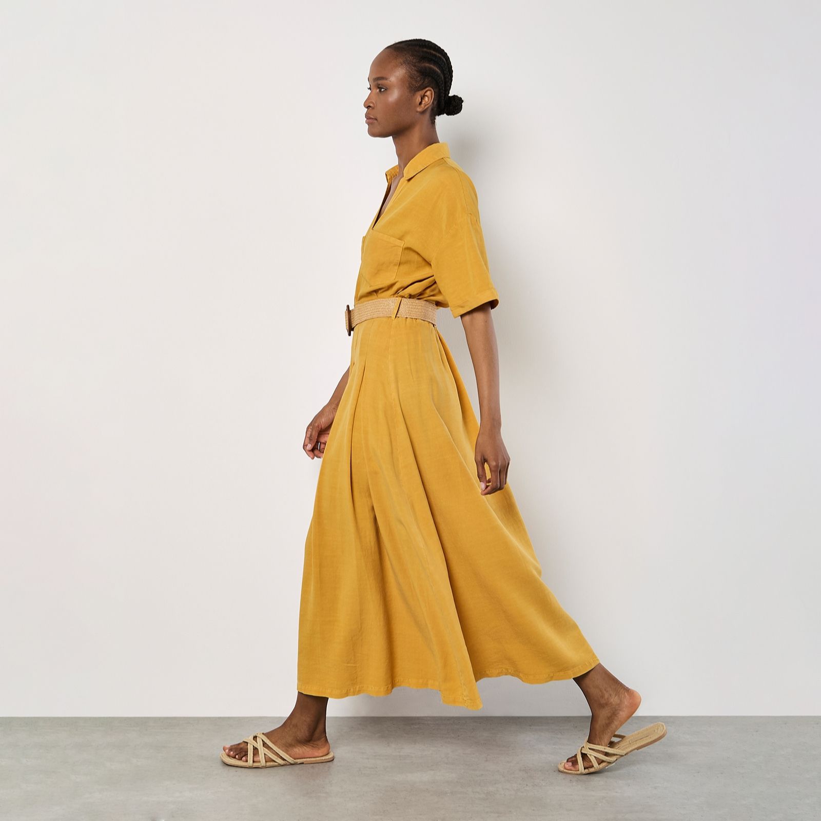 Apricot Boho Slub Belted Midi Skirt