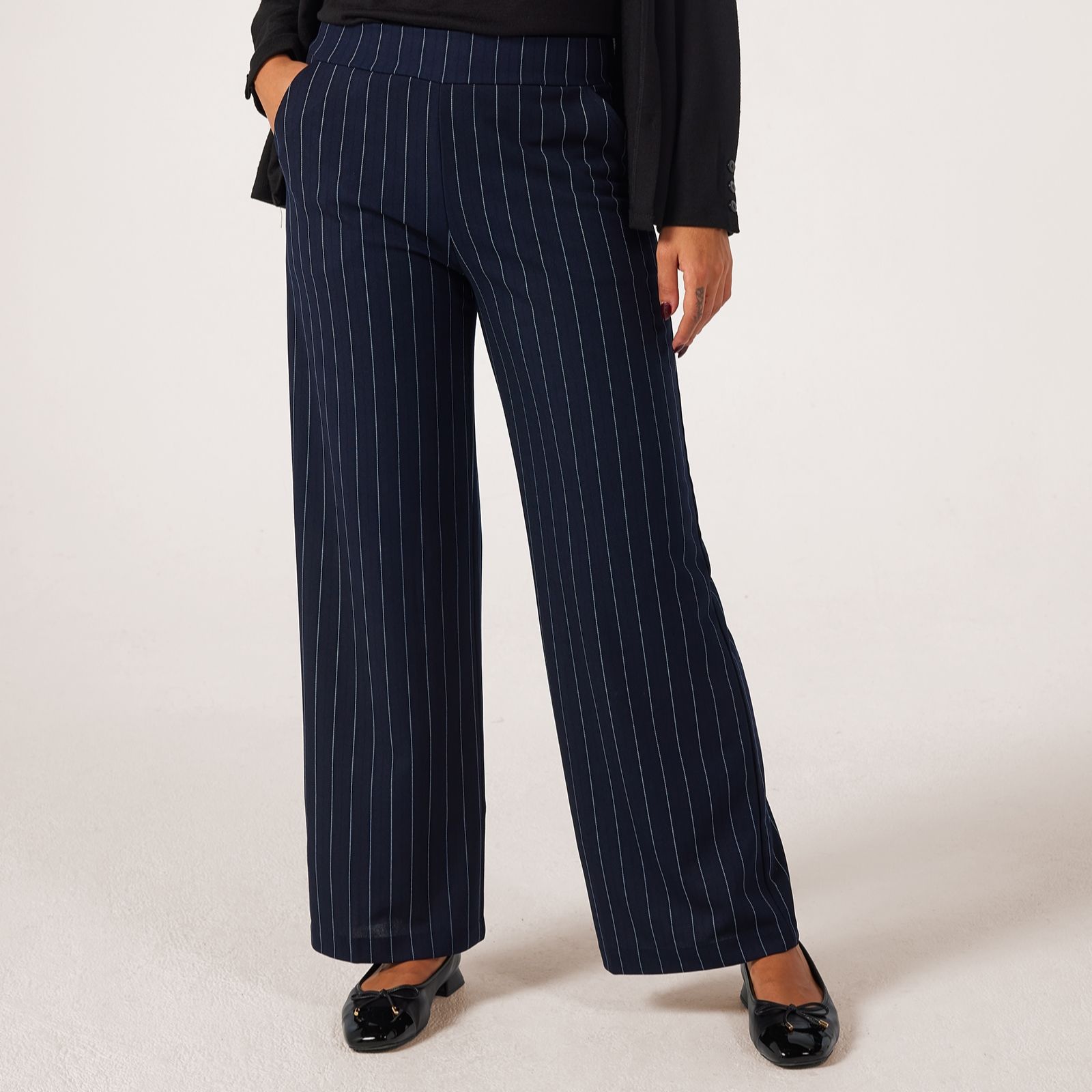 Kim & Co Pinstripe Ponte Crepe Straight Leg Petite Trousers With Pockets