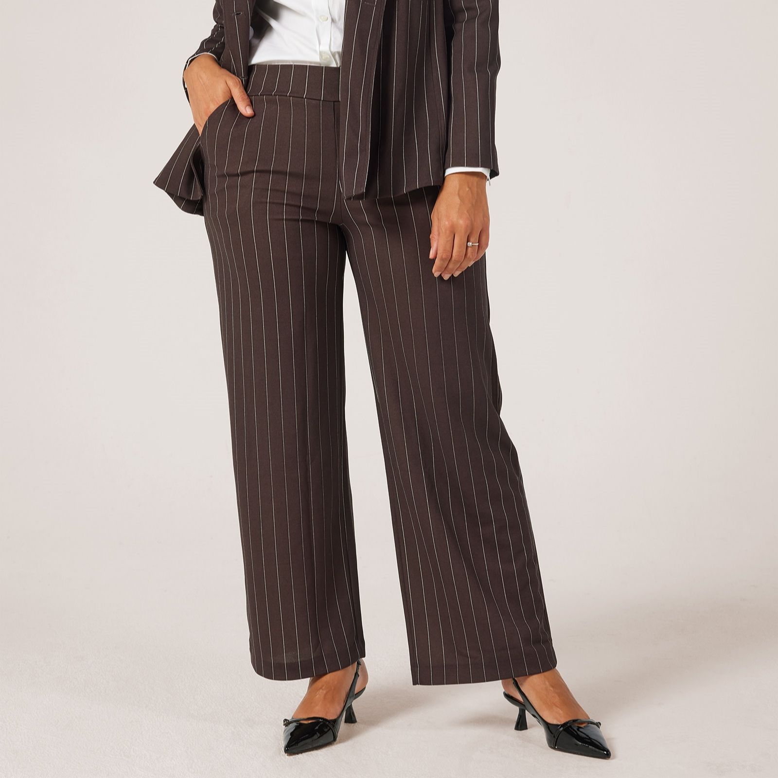 Kim & Co Pinstripe Ponte Crepe Straight Leg Petite Trousers With Pockets