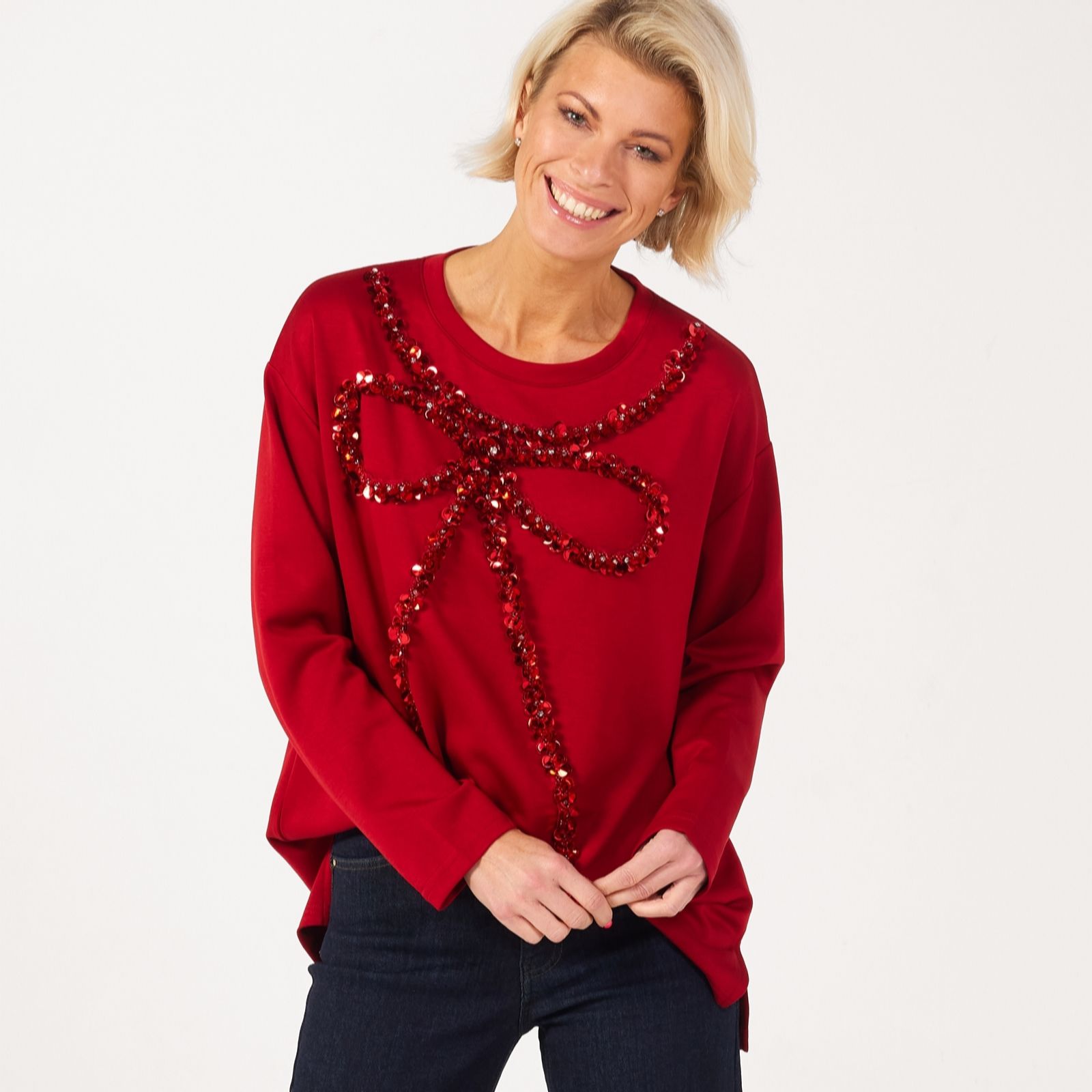 Frank Usher Soft Jersey Jumper With Bow Sequin And Bead Design