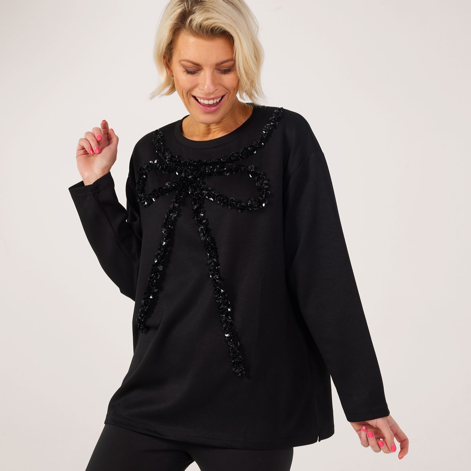 Frank Usher Soft Jersey Jumper With Bow Sequin And Bead Design