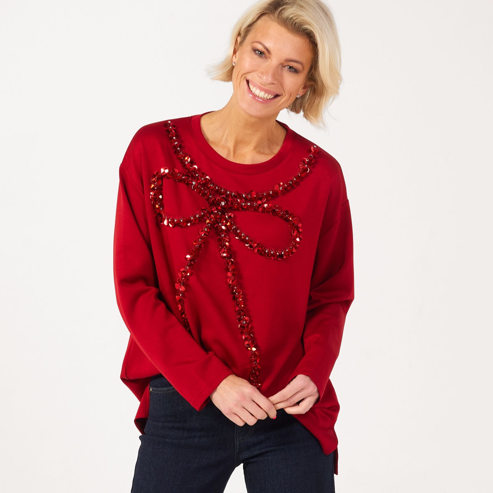 Frank Usher Soft Jersey Jumper With Bow Sequin And Bead Design
