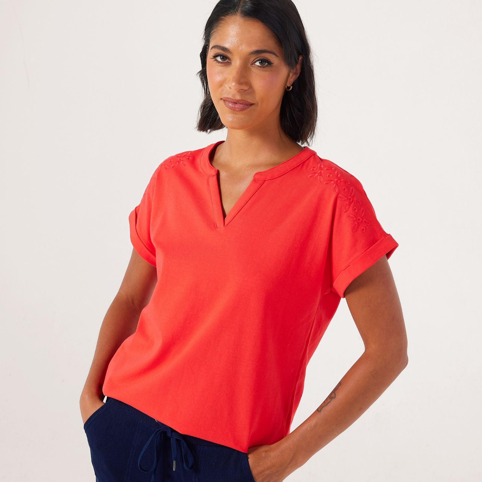 Denim & Co. Short Sleeve Dolman Top with Embroidery Detail