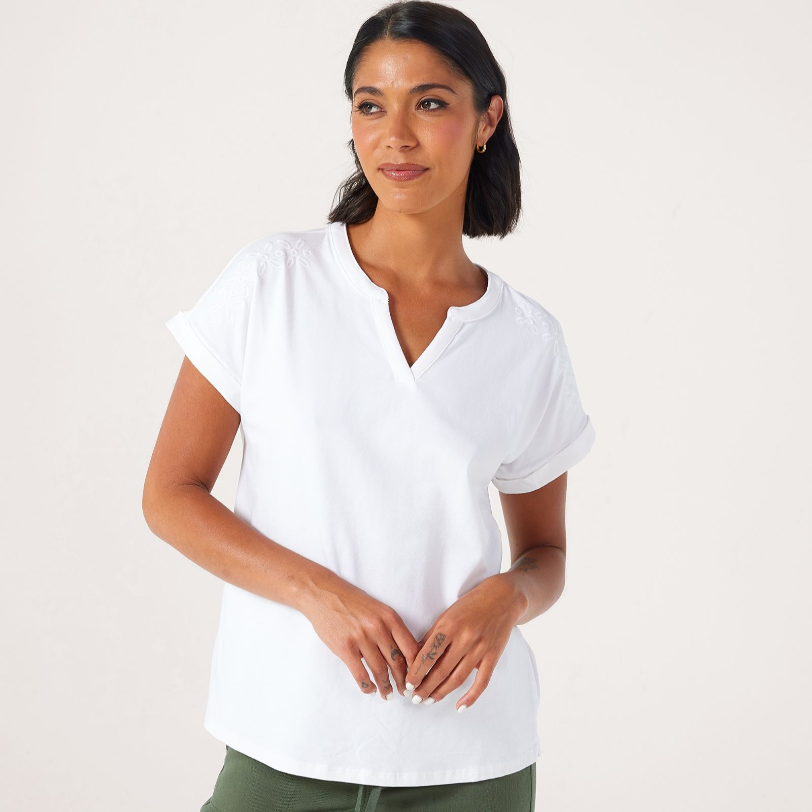 Denim & Co. Short Sleeve Dolman Top with Embroidery Detail