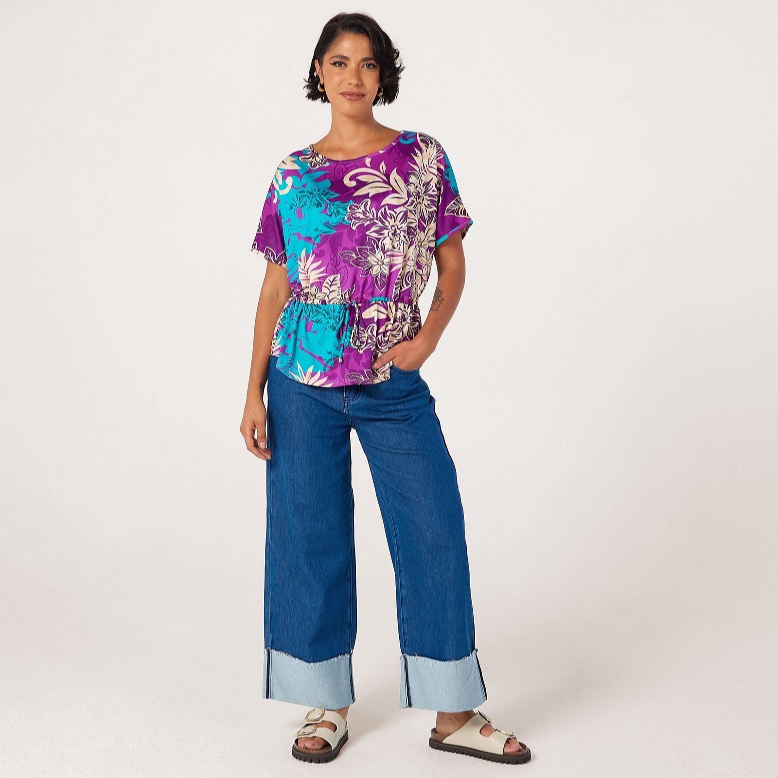 Kim & Co Printed Brazil Jersey Falling Sleeve Top with Drawstring