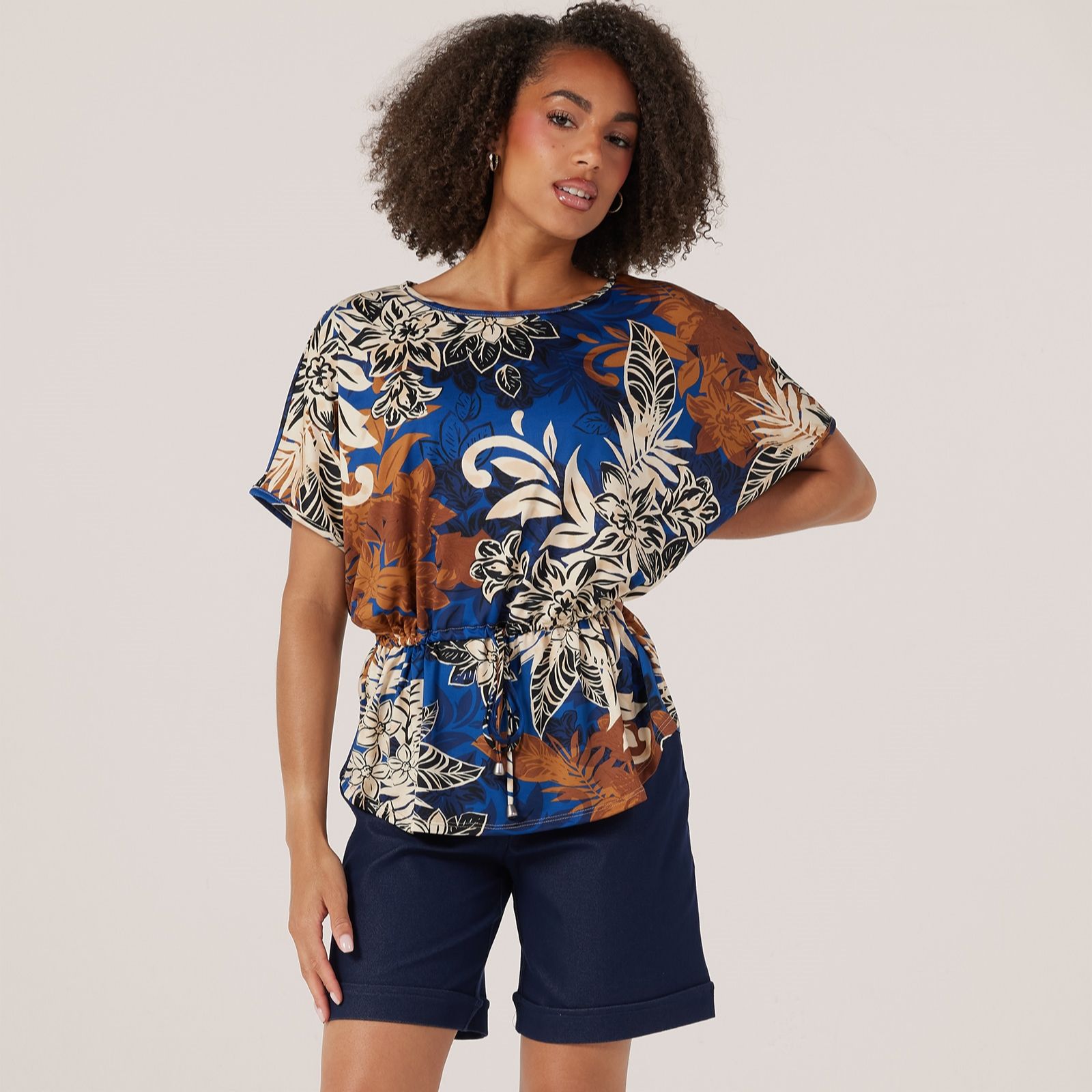 Kim & Co Printed Brazil Jersey Falling Sleeve Top with Drawstring