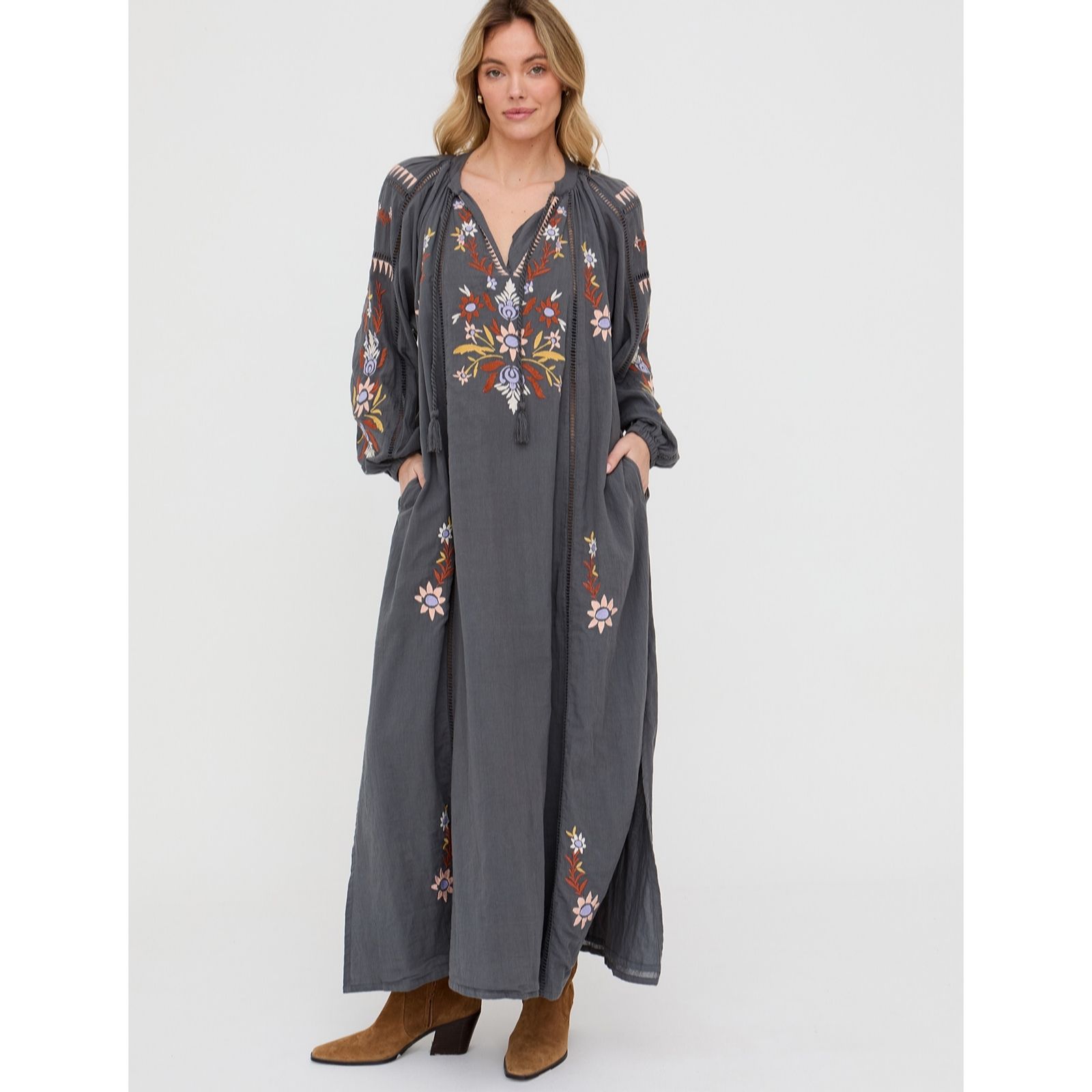 Raffya Elisa Kaftan Style Embroidered Maxi Dress