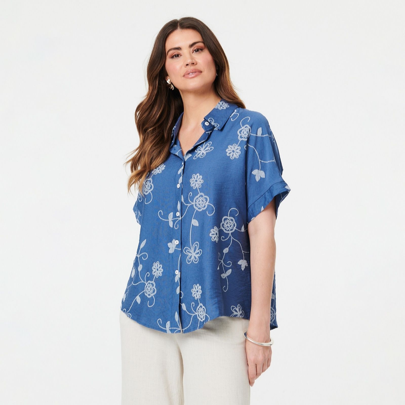 Izabel London Cotton Rich Floral Embroidered Shirt