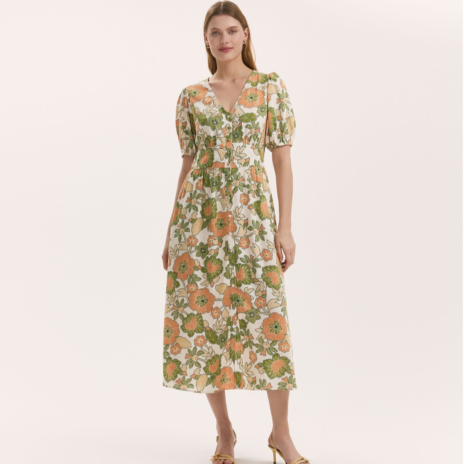 Finery London Addison Linen Blend Flower Print Midi Dress