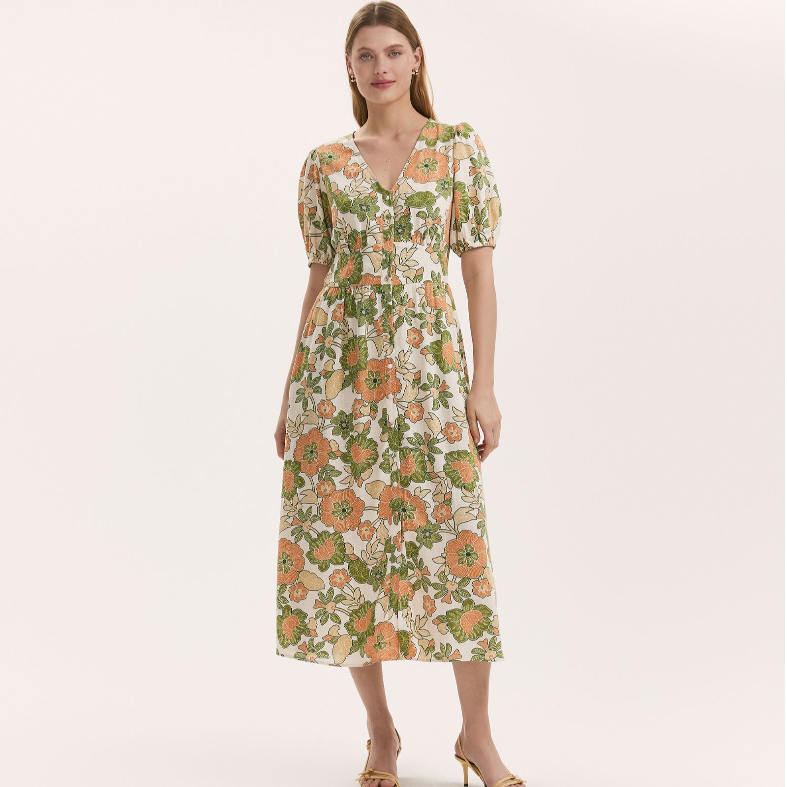 Finery London Addison Linen Blend Flower Print Midi Dress