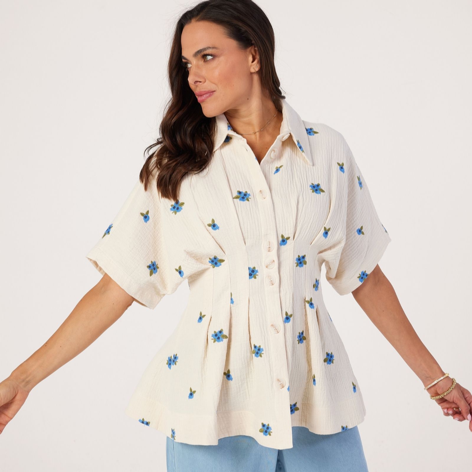 Helene Berman 100% Cotton Bluebell Floral Emborided Top