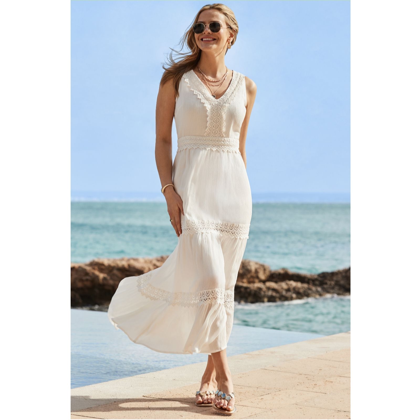 Sosandar Crochet Ruffle Tiered Dress