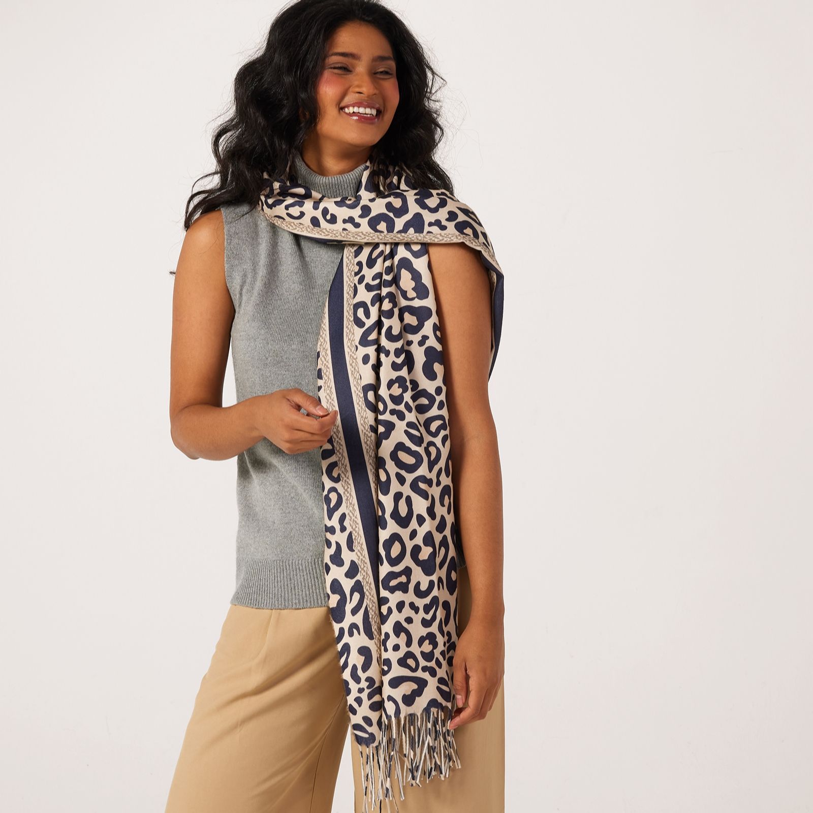 Frank Usher Tassel Winter Leopard Print Scarf with Border