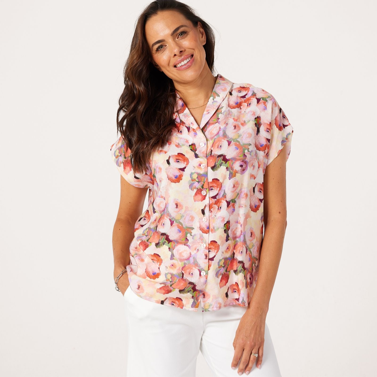 Kim & Co Printed Crinkle Woven Viscose Short Dolman Sleeve Shawl Collar Shirt