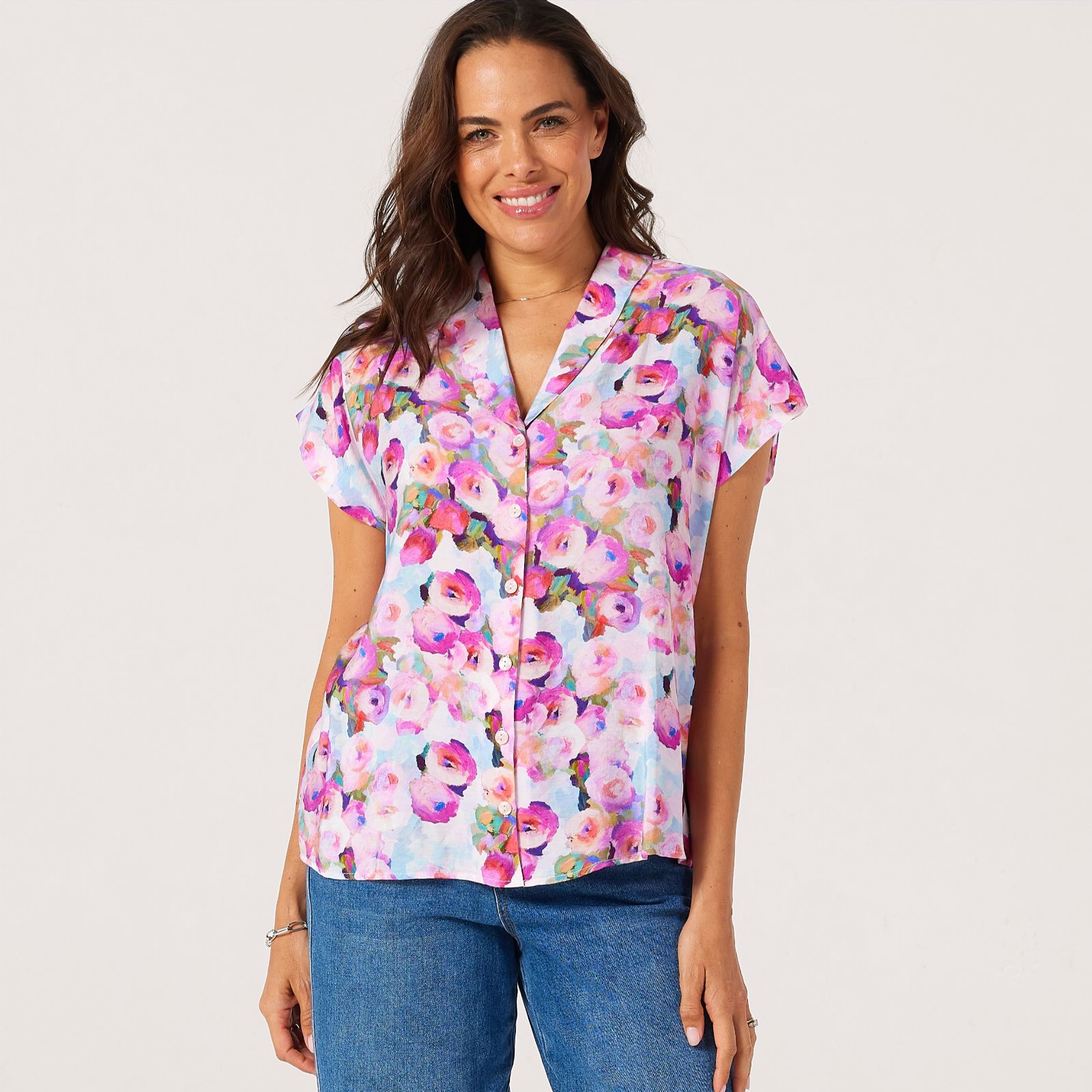 Kim & Co Printed Crinkle Woven Viscose Short Dolman Sleeve Shawl Collar Shirt
