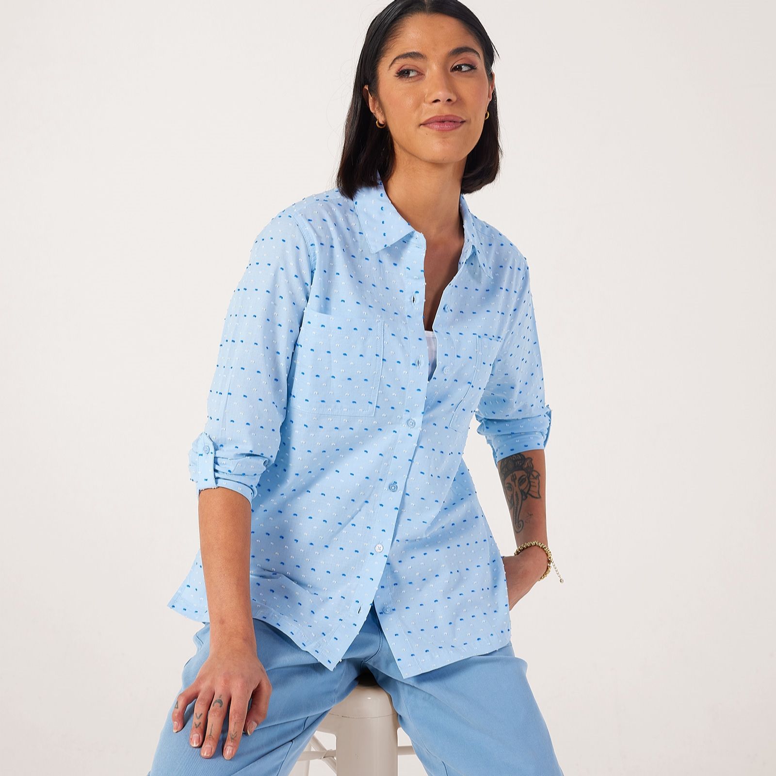 Denim & Co. Cotton Dobby Spot Shirt