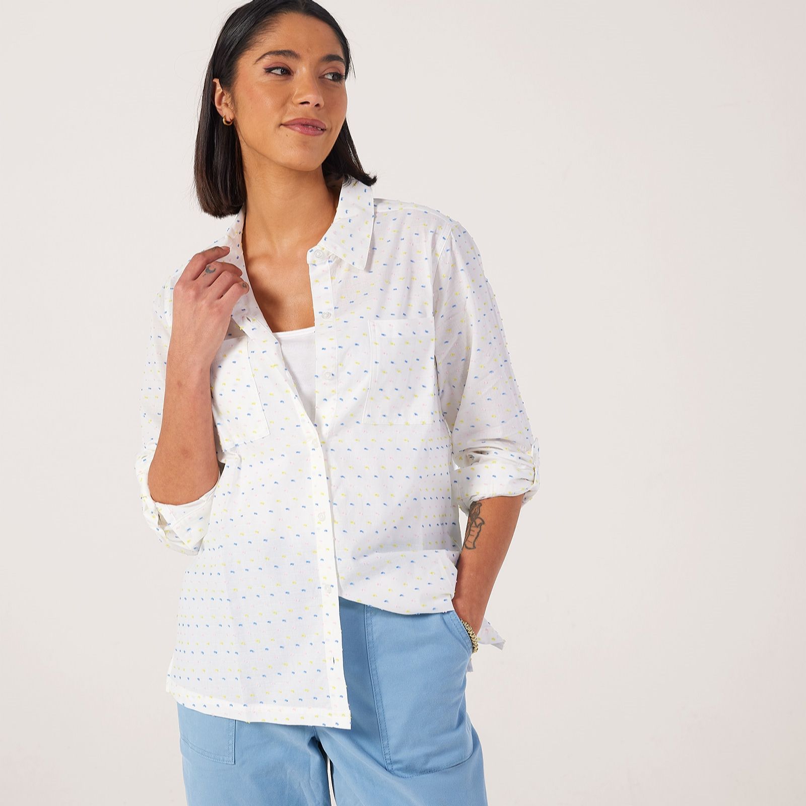 Denim & Co. Cotton Dobby Spot Shirt