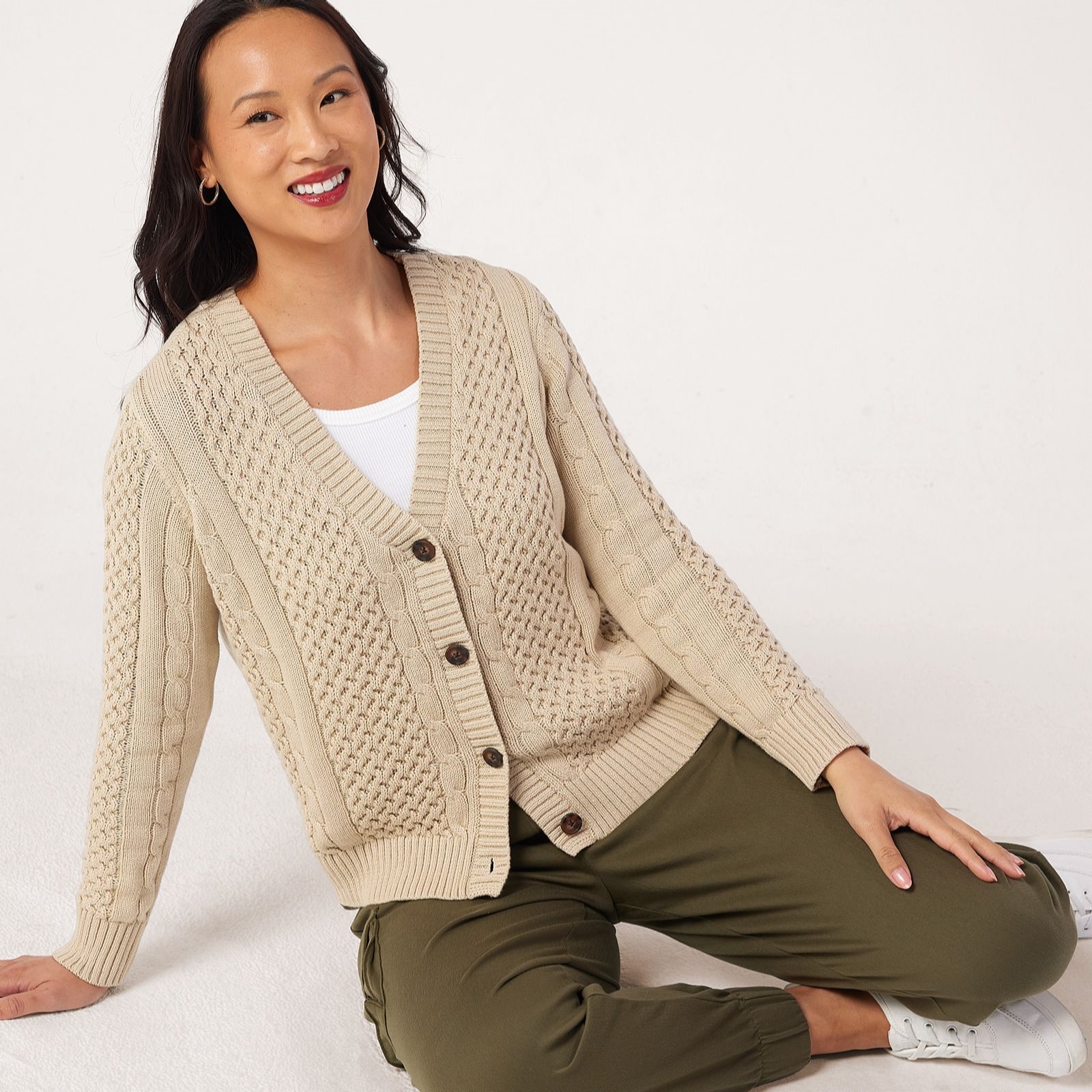 Denim & Co Cotton Cable Cardigan