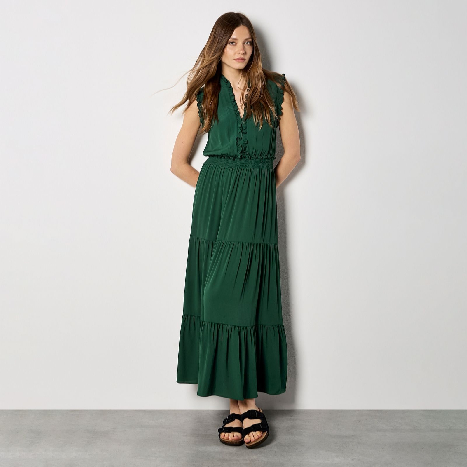 Apricot V-Neck Ruffle Tiered Maxi Dress