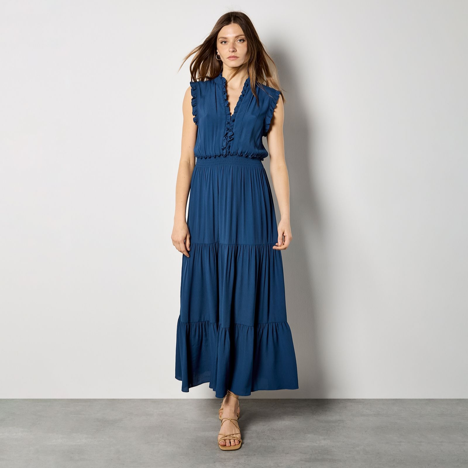 Apricot V-Neck Ruffle Tiered Maxi Dress