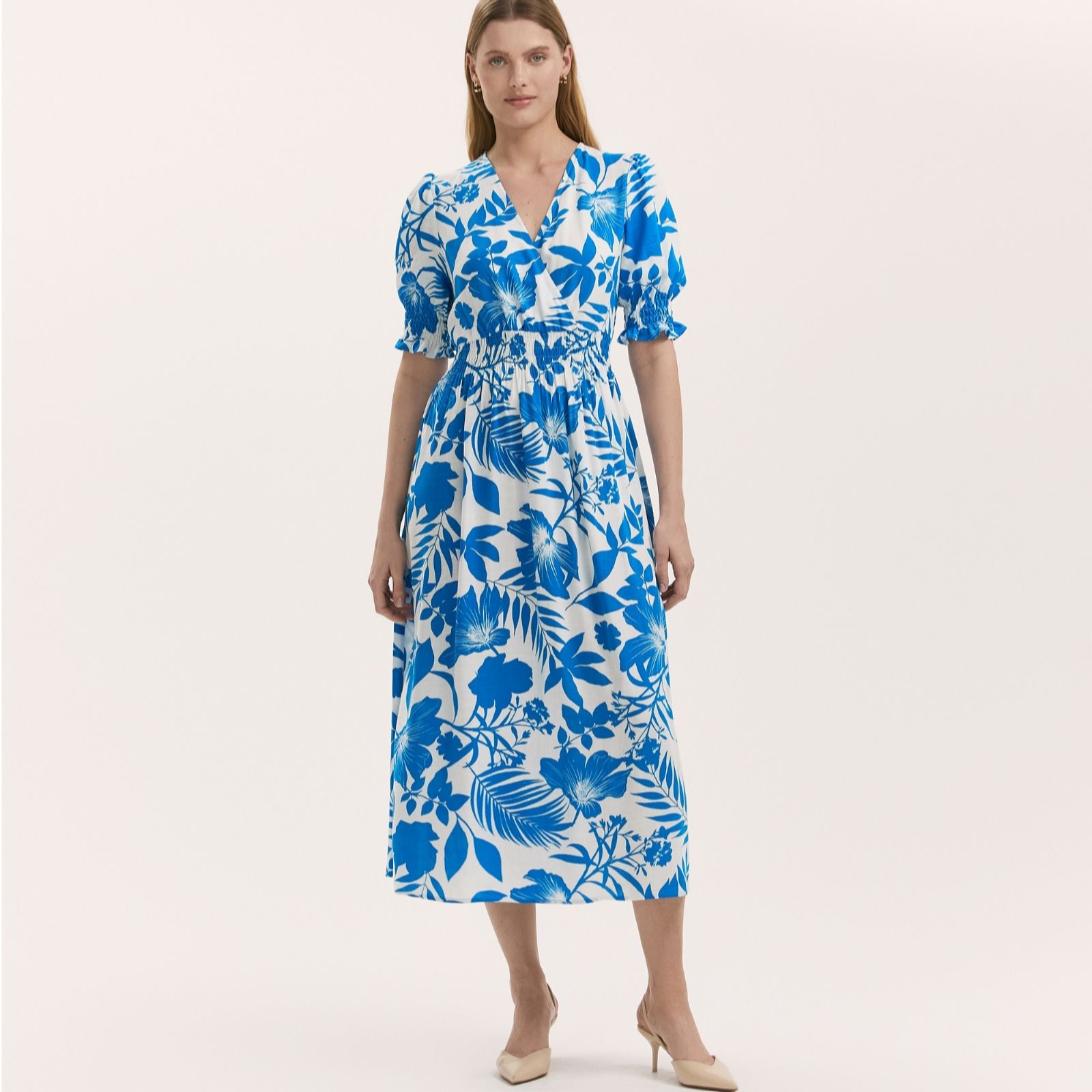 Finery London Emily Blue Tropical Print Midi Dress
