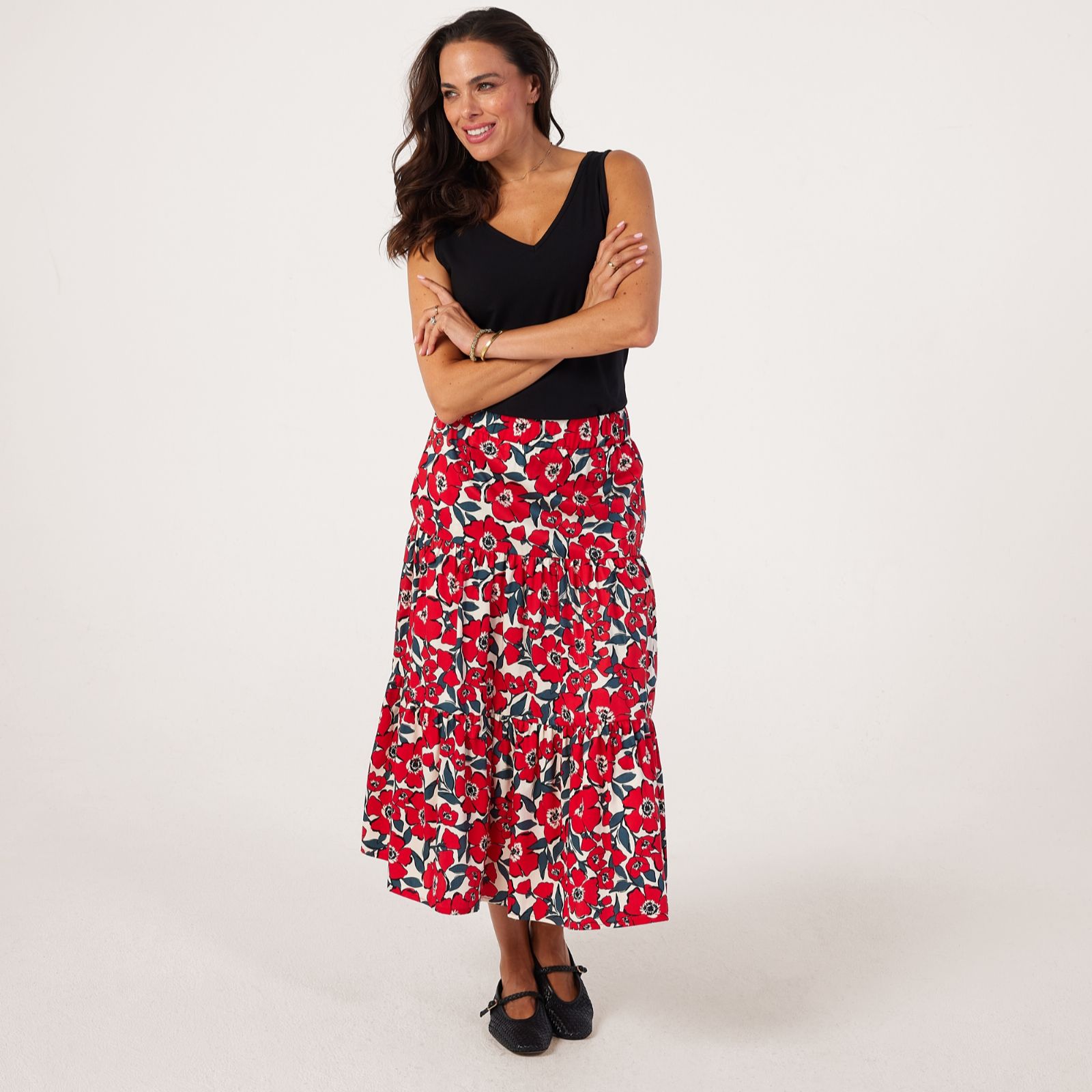 Helene Berman 100% Cotton Floral Printed Tiered Skirt