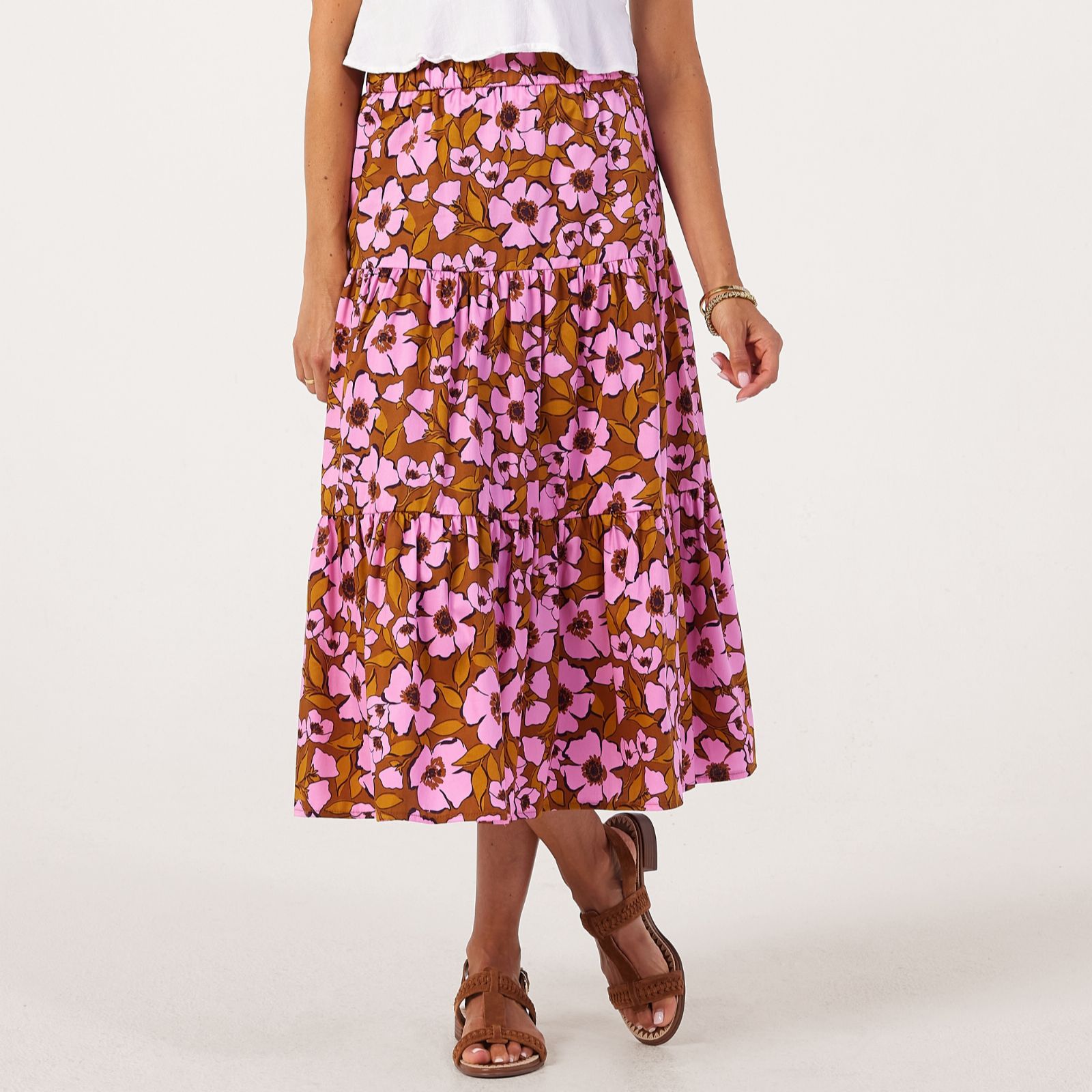 Helene Berman 100% Cotton Floral Printed Tiered Skirt