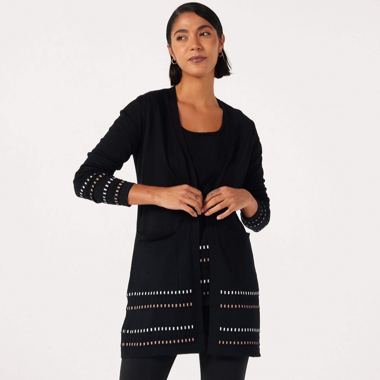 Nina Leonard 2 Piece Knit Cardigan & Top With Dashed Border