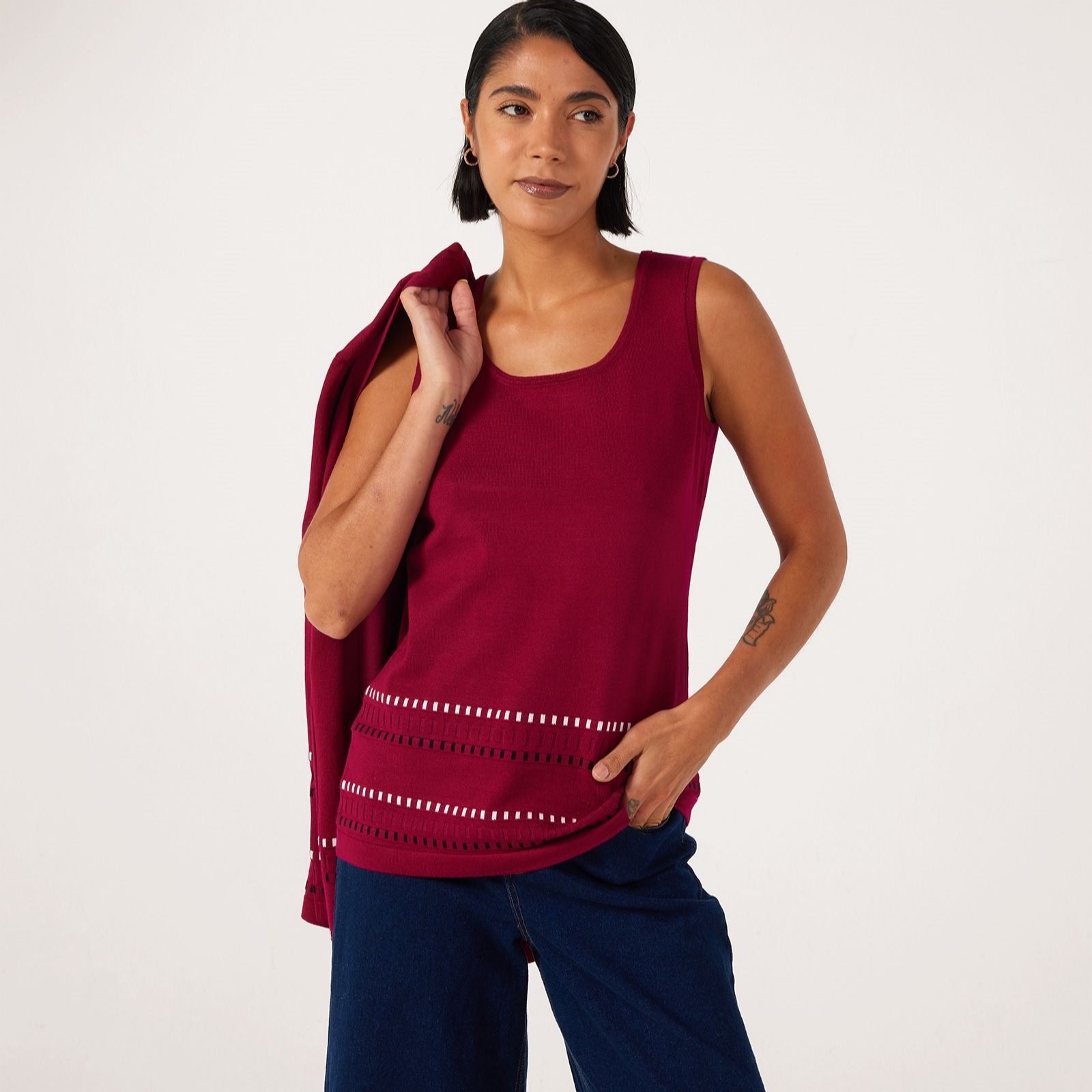 Nina Leonard 2 Piece Knit Cardigan & Top With Dashed Border
