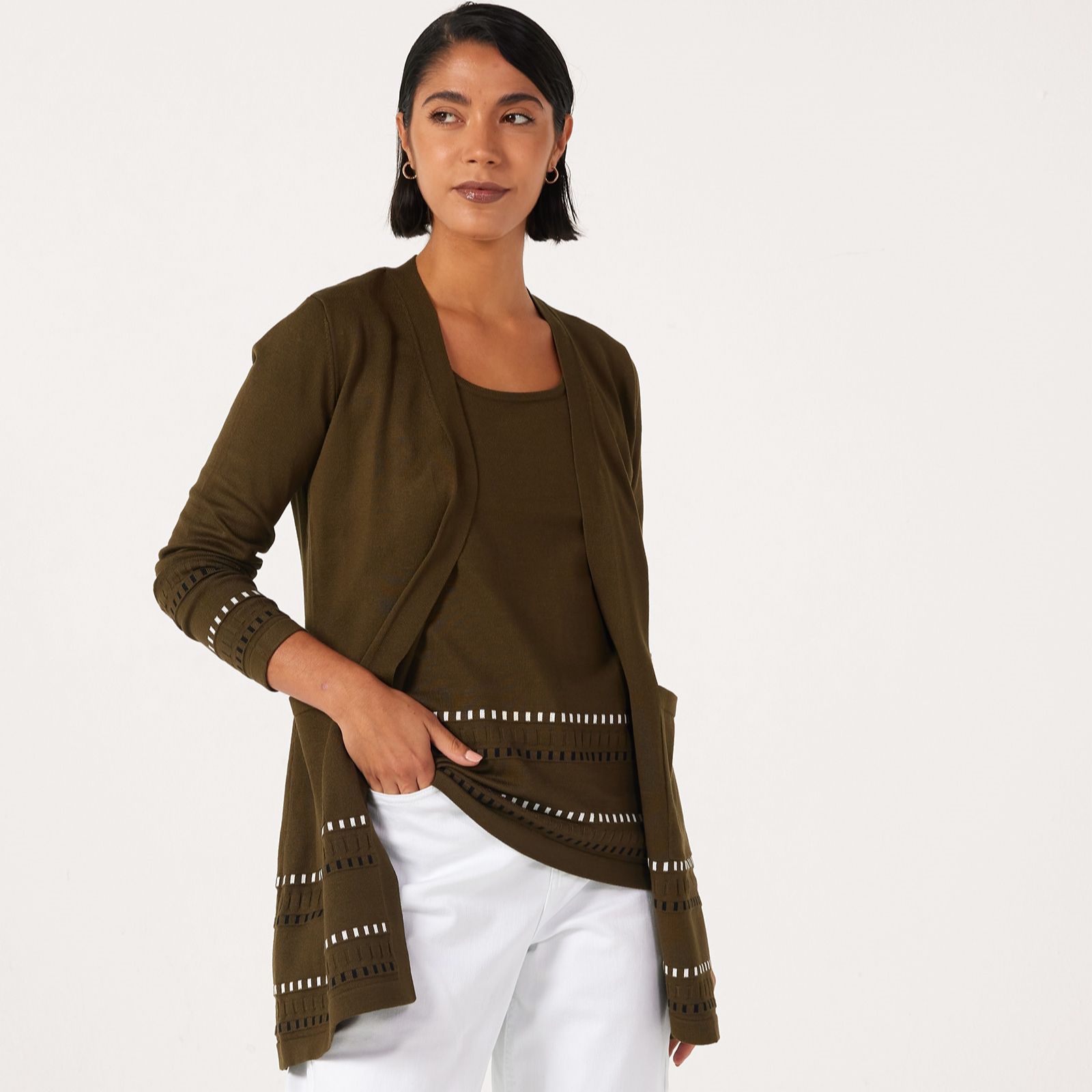 Nina Leonard 2 Piece Knit Cardigan & Top With Dashed Border